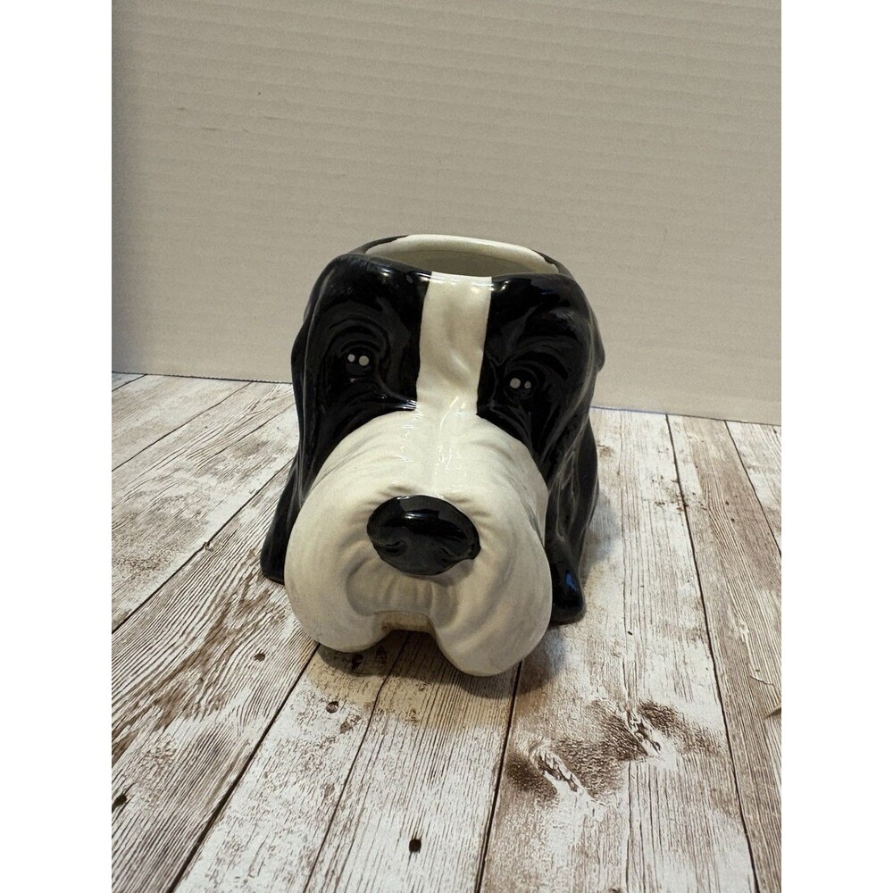 Hobby Lobby Ceramic Old English Sheepdog Planter Vase Black White Dog Decor